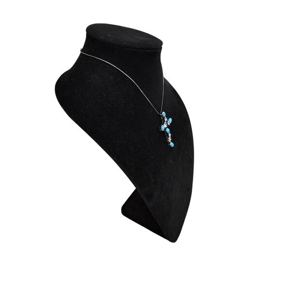 Vintage Southwestern Cross Pendant Necklace w/ Inset Turquoise and Rhinestones - Picture 2 of 5